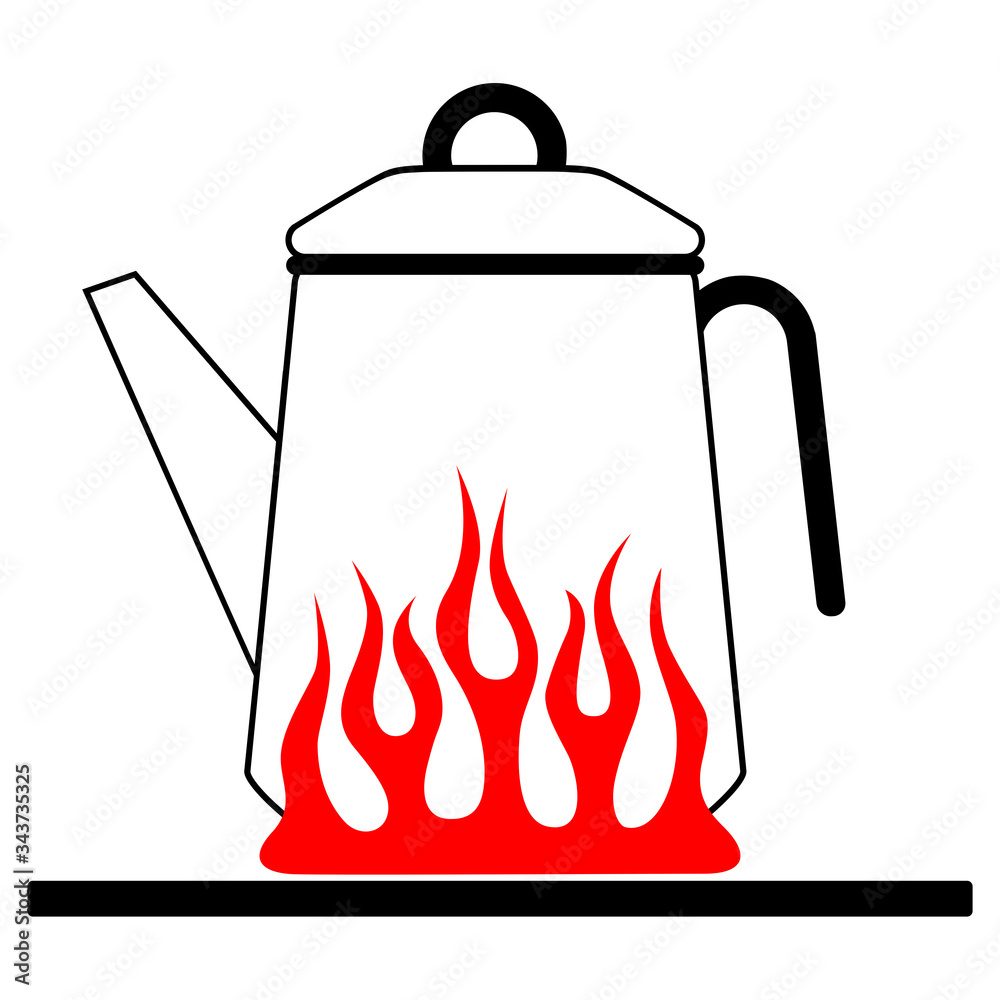 Cartoon big coffee pot with a closed lid on a red gas stove. Image of a