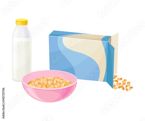 Bowl of Breakfast Cereal with Milk and Bottle Rested Nearby Vector Illustration
