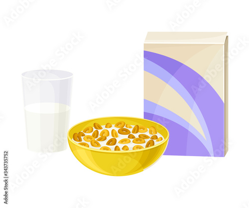 Bowl of Breakfast Cereal with Milk and Glass Rested Nearby Vector Illustration