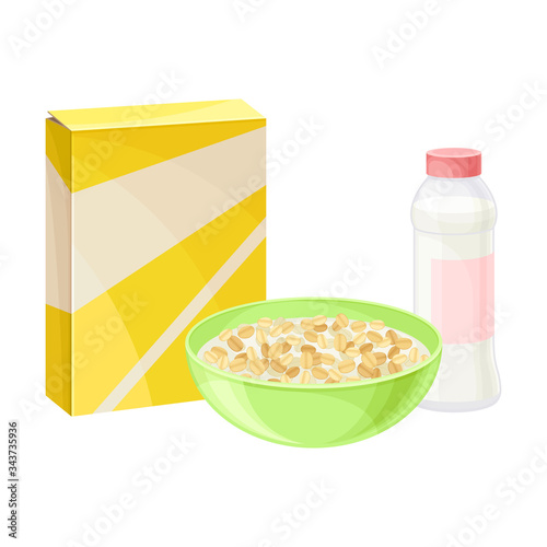 Breakfast Crunchy Cereal Poured in Bowl with Milk or Yogurt Vector Illustration