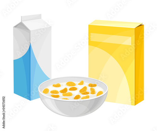 Bowl Full of Breakfast Corn Flakes with Milk and Carton Packages Rested Nearby Vector Illustration