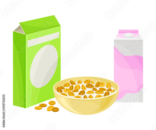 Bowl of Crispy Cereal or Muesli with Carton of Milk Rested Nearby Vector Composition photo