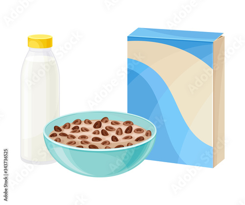 Bowl of Chocolate Crispy Cereal or Muesli with Bottle of Milk Rested Nearby Vector Composition