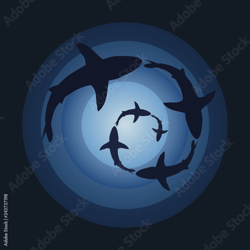 Vector illustration of an underwater scene with few sharks.