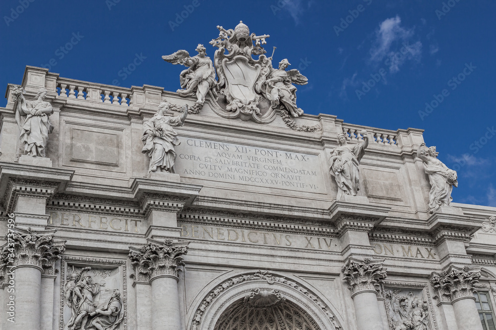 Rome, 10.11.2019, facade of the Palazzo Poli; Architectural and sculptural composition of the late Roman Baroque with neoclassical elements, adjacent to the Trevi fountain,
