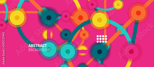 Flat style geometric abstract background, round dots or circle connections on color background. Technology network concept.