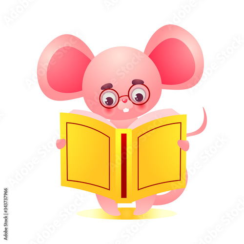 Cute pink humanized mouse character sitting and reading a book. Vector illustration in the flat cartoon style.
