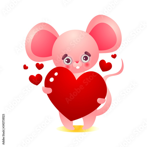Happy pink humanized mouse character holding a big red heart. Vector illustration in the flat cartoon style.