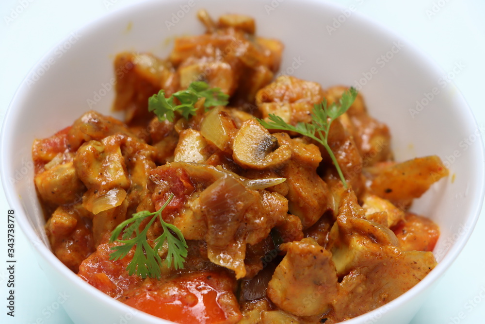 Chettinad mushroom masala, spicy dry curry of mushroom, Indian food