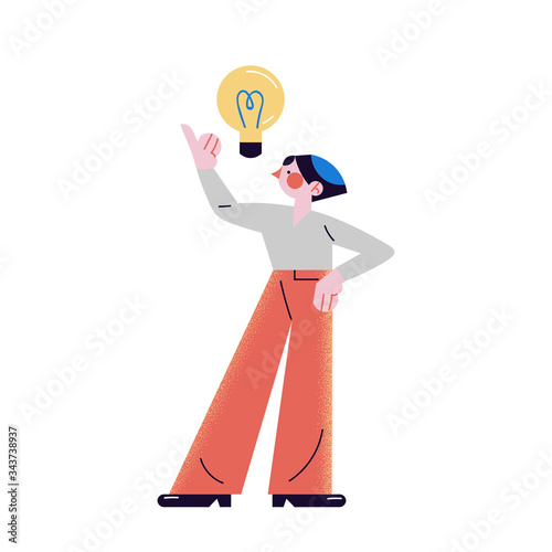 Young man standing and showing eureka gesture with lightbulb. The teenager has an idea. Vector illustration in the flat cartoon style.