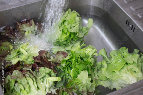 Soaked green oak in the sink with water. Wash vegetables for safe eating. photo