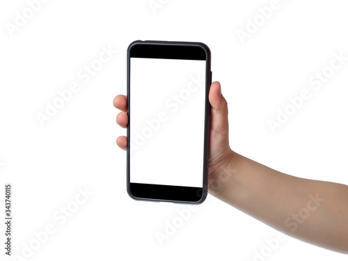 Kid hand holding smortphone with white screen for your text. Isolated