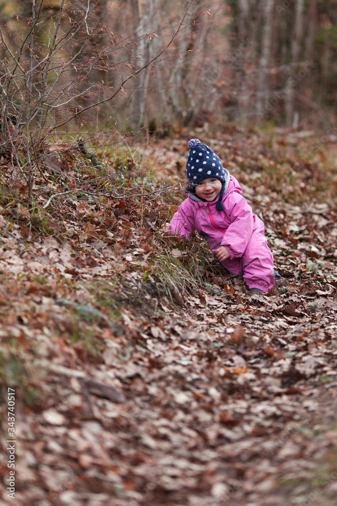 A small child walks in the autumn forest, a girl dressed in a pink jumpsuit and a hat, fresh forest air is good for children's health, happy baby sits on dry fallen foliage A small child walks in the autumn forest, a girl dressed in a pink jumpsuit and a hat, fresh forest air is good for children's health, happy baby sits on dry fallen foliage