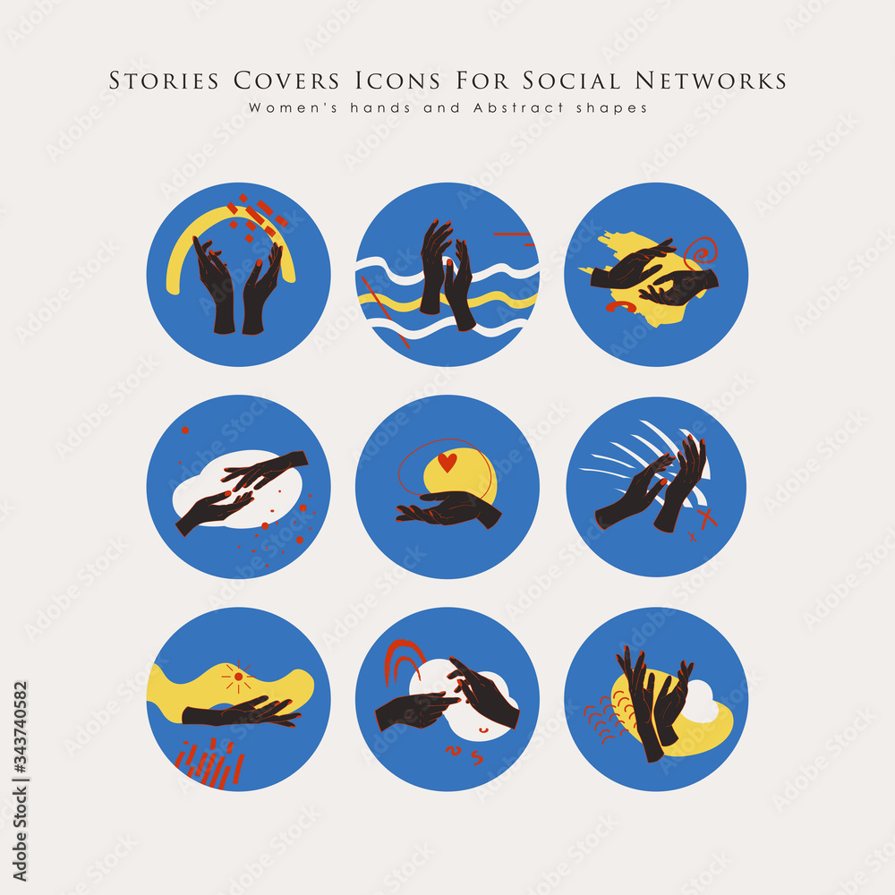 Stories covers icons for social networks. Female hands, elegant gestures. Abstract shapes, lines, futuristic.