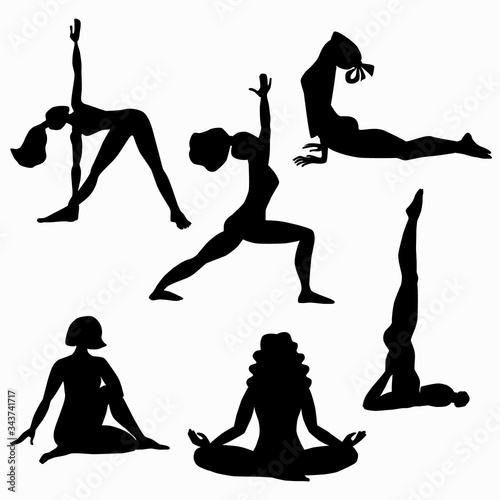 Girls doing asanas. Women doing yoga, exercises, relaxes. Black silhouettes set. Stock vector illustration isolated on white background.