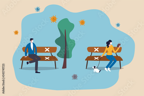 Social distancing Coronavirus COVID-19 pandemic, new normal people wearing protective mask keep distance away in public concept, people sitting keep distance away in public park with sign on chairs.