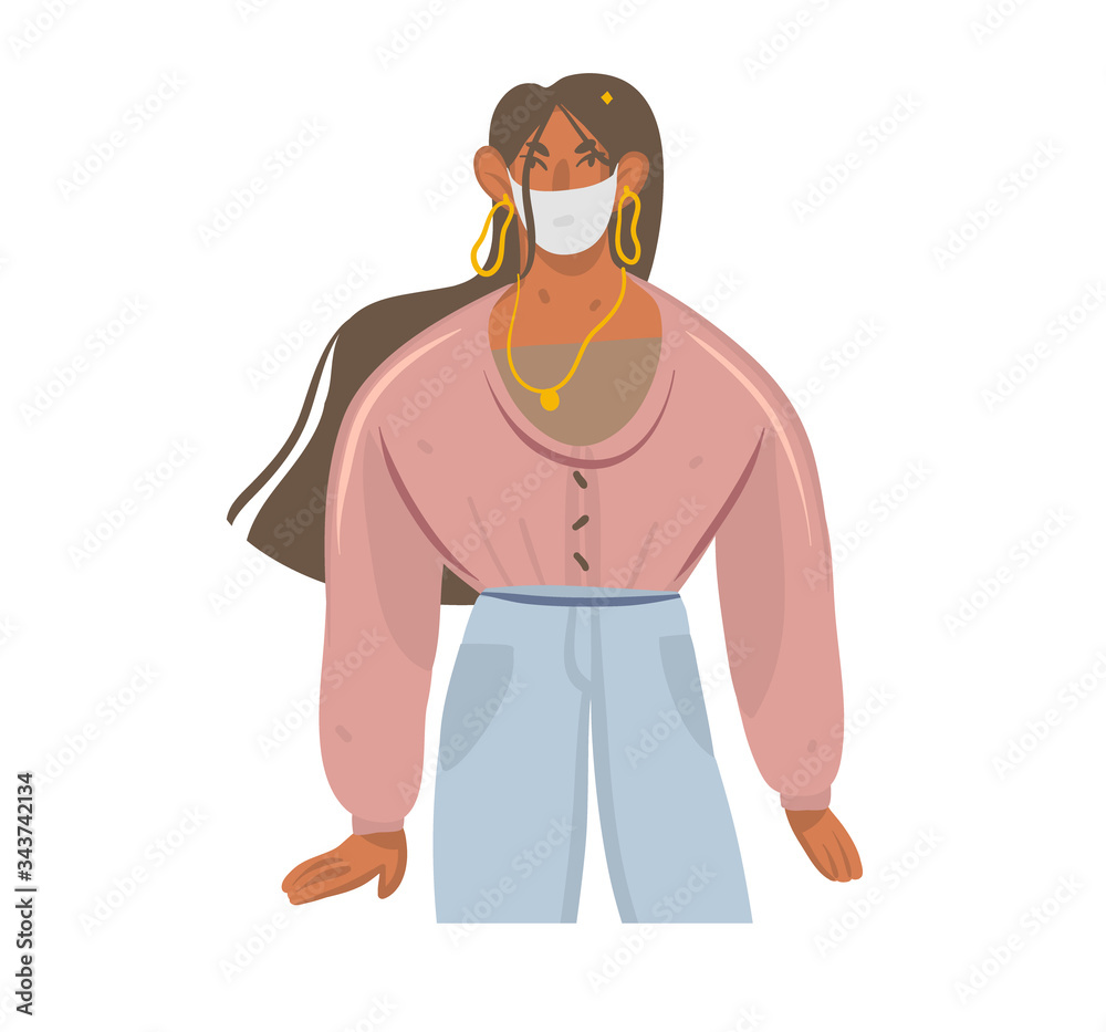 Hand drawn vector stock abstract graphic illustrations with young female character in face mask isolated on white background Hand drawn vector stock abstract graphic illustrations with young female character in face mask isolated on white background