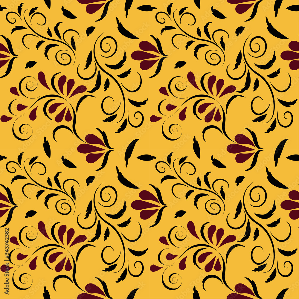 seamless pattern with flowers and leaves hohloma style