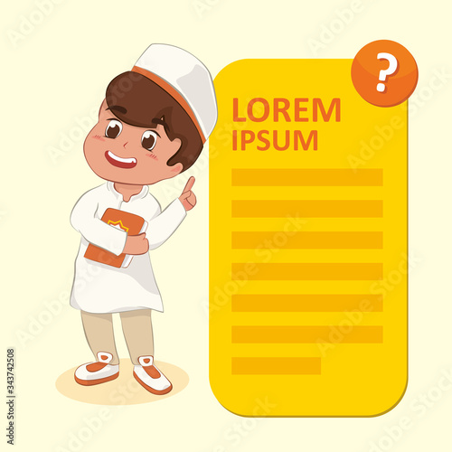 Muslim Boy explaining text with poiting hand and holding Quran for ramadan social media content 