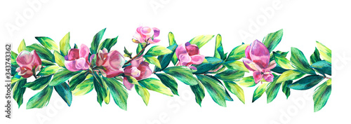 Seamless Floral Border with hand painted Flowers of Pink Magnolia and green leaves. Oil painted texture. Summer. Design element for cards  invitations  wedding  congratulations
