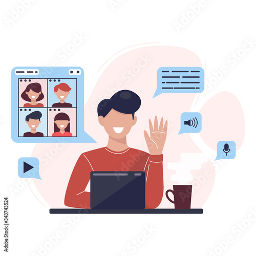 Man at desktop chatting with frienads online. People chat online. Online negotiations. Video conference call to friends, colleagues, customers. Social media technology concept illustration. Vector.