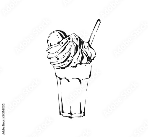 Hand drawn vector abstract artistic cooking ink sketch illustration drawing of milkshake cocktail and whipped cream isolated on white background.Diet detox concept