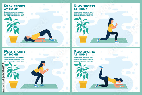 Sport at home. Squat. Girl go in for sports.Stay home concept. People doing exercise. Vector illustration in flat style.
