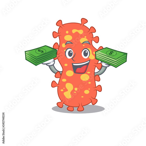 A wealthy bacteroides cartoon character having money on hands
