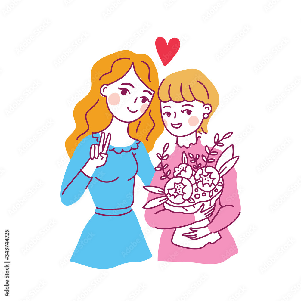 Happy friendship day. Mother and daughter. Doodle kawaii style Happy friendship day. Mother and daughter. Doodle kawaii style