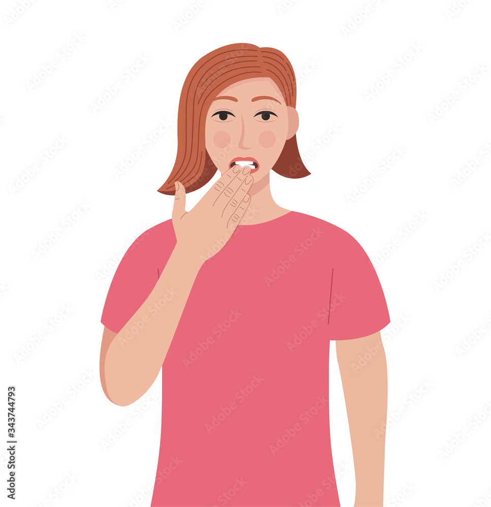 Shocked young woman closed mouth with hand while eyes open widely. Woman covering mouth with hand. Vector illustration in cartoon style. Shocked young woman closed mouth with hand while eyes open widely. Woman covering mouth with hand. Vector illustration in cartoon style.