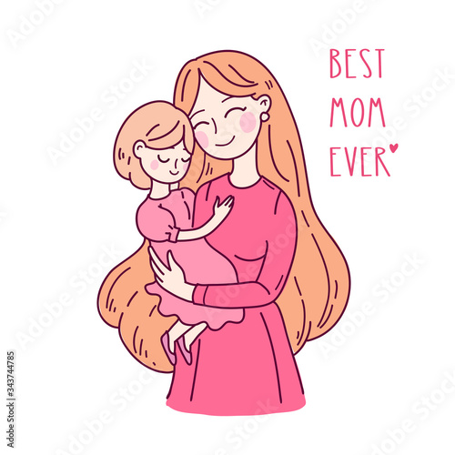 Happy friendship day. Mother and daughter. Doodle kawaii style