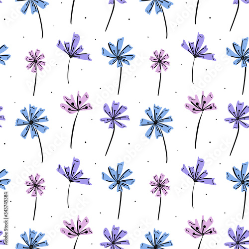 Vector seamless floral pattern on white background. Blue, purple, pink  flowers with black texture. File includes swatch of the pattern, that you can scale and rotate as you want.
