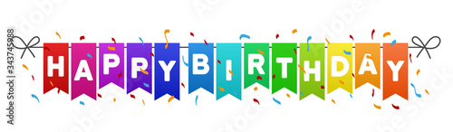 Happy birthday flags banner with confetti on white background.