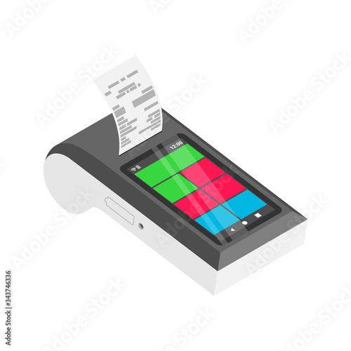Isometric Multifunctional smart payment terminal with cash register print receipt. 3d Wireless online cash desk tablet with check isolated. Vector payments machine. Online shopping concept