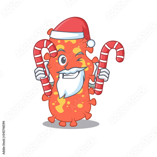 Friendly bacteroides in Santa Cartoon character holds Christmas candies