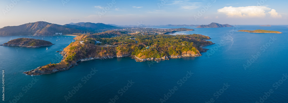 Aerial panorama of the Promthep cape - southernmost tip of the island of Phuket, Thailand