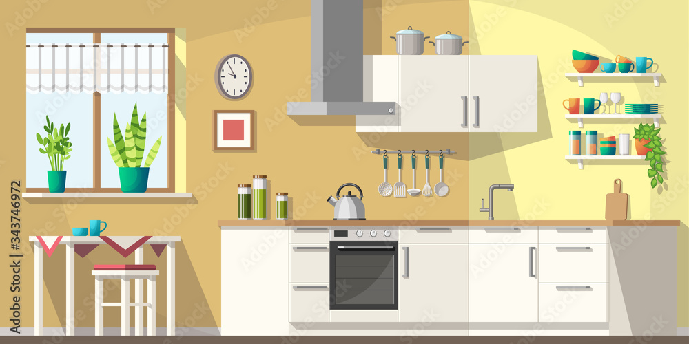 Kitchen with furniture and utensils. Vector illustration with separate layers. Kitchen with furniture and utensils. Vector illustration with separate layers.