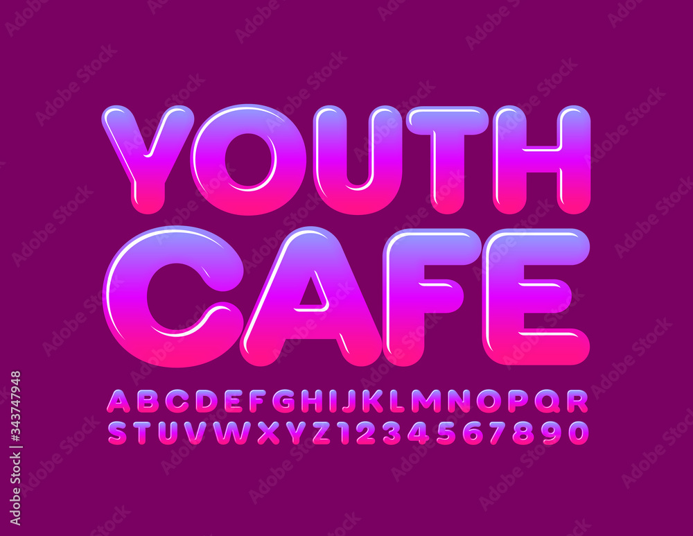 Vector creative banner Youth Cafe. Glossy gradient Font. Bright Alphabet Letters and Numbers