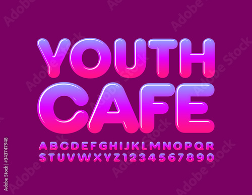 Vector creative banner Youth Cafe. Glossy gradient Font. Bright Alphabet Letters and Numbers