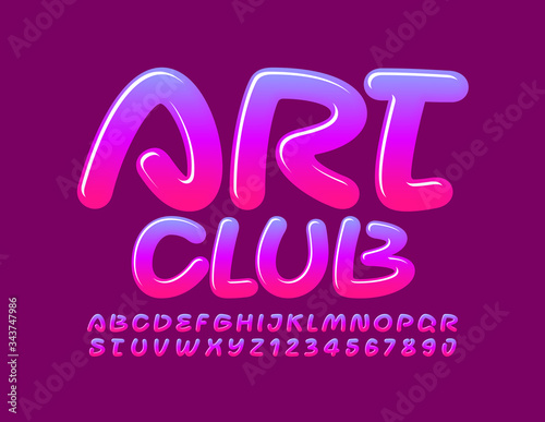 Vector bright logo Art Club with handwritten Glossy Alphabet Letters and numbers. Gradient color Font