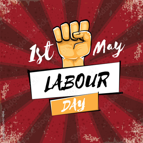 Happy labour day vector label with strong orange hand fist isolated on grunge red background with rays. vector happy labor day background with man hand. red workers may day poster design