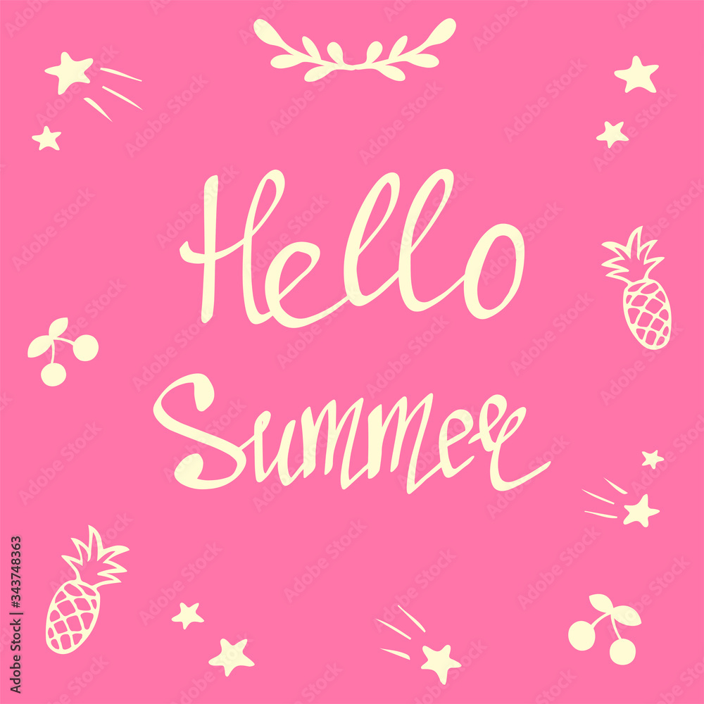 Hello summer, banner template. Vector illustration of decorative elements and handwritten lettering on pink background. Summer time and vacation. Inspirational quote, good mood.