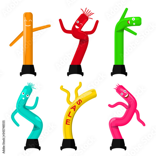 Cartoon Color Dancing Inflatable Tube Men Icon Set. Vector