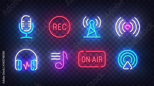 Podcast icon neon. Podcast light signs. Sign boards, line art light banner. Vector Illustration