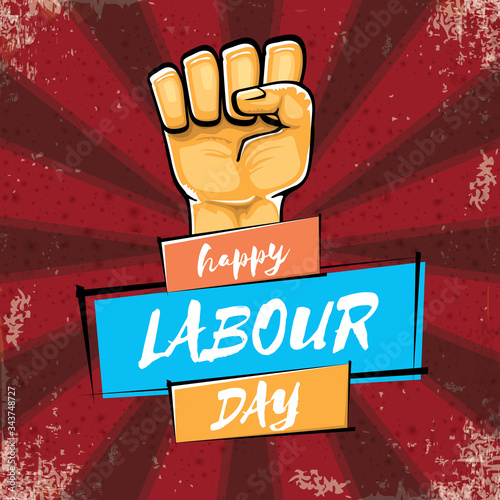 Happy labour day vector label with strong orange hand fist isolated on grunge red background with rays. vector happy labor day background with man hand. red workers may day poster design