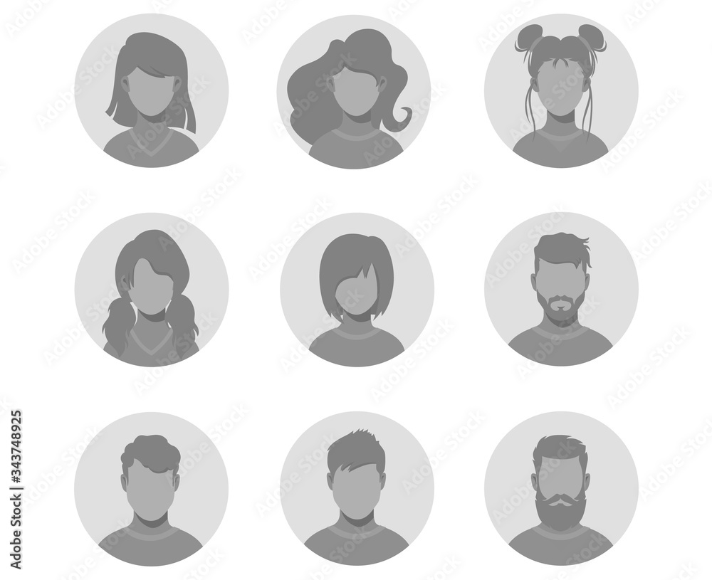 A collection of original avatars gray and illustrations of male and female  heads. Modern graphic cartoon style with various hairstyles. With the  ability to insert individuals. Stock Vector | Adobe Stock