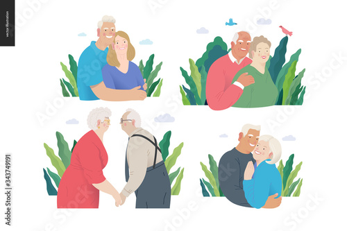 Medical insurance -senior citizen health plan -modern flat vector concept digital illustration of a happy elderly couple, standing embraced together holding their hands. Medical insurance plan.