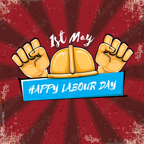 Happy labour day vector label with strong orange hand fist isolated on grunge red background with rays. vector happy labor day background with man hand. red workers may day poster design