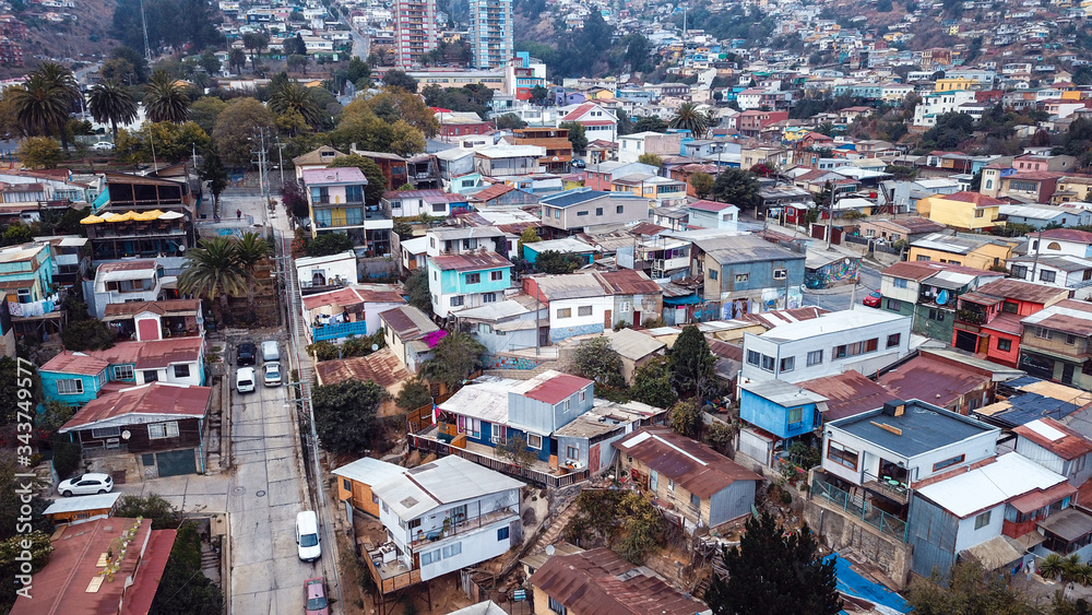Aerial View to the Colofrul and Bright Buildings and Streets of Valparaiso, Chile