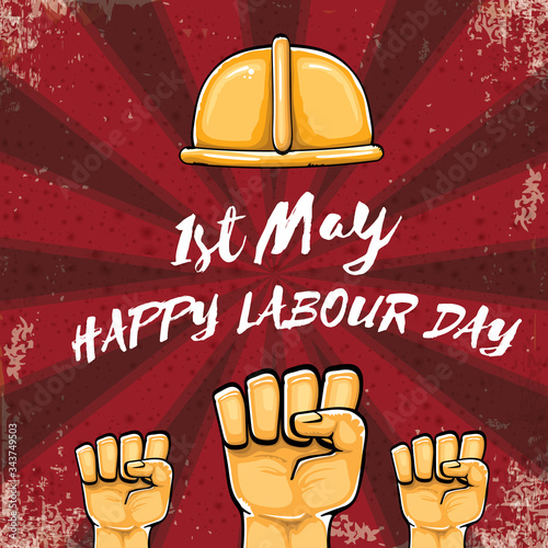 Happy labour day vector label with strong orange hand fist isolated on grunge red background with rays. vector happy labor day background with man hand. red workers may day poster design